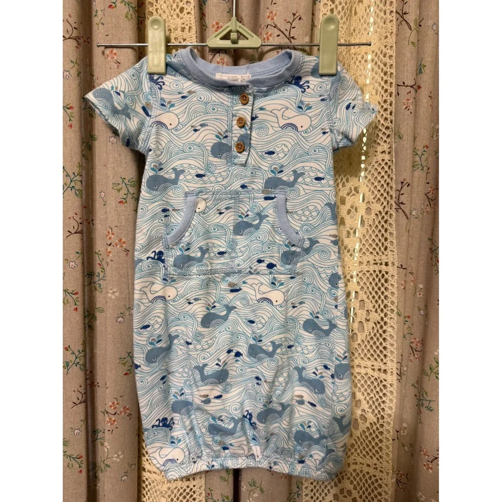 Angel Dear Baby Gown 0-3M Blue Whale Ocean Waves Cotton Pocket Layette